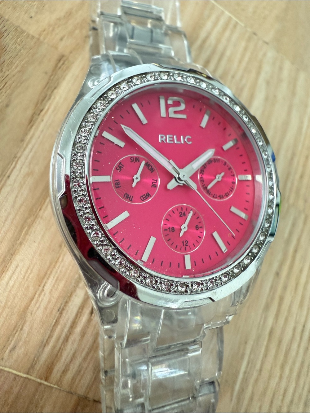 Relic ladies pink dial transparent links watch NEW BATTERY